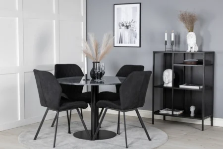 Gemma & Estelle Matstolar Black + Runda Matbord ⌀106 Dark Grey