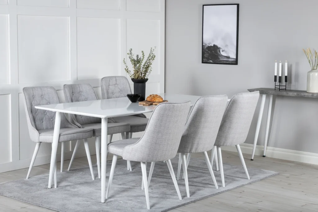 Polar & Velvet Deluxe Rektangulära Matbord 180 x 90 White + Matstolar Light Grey