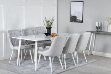 Polar & Velvet Deluxe Rektangulära Matbord 180 x 90 White + Matstolar Light Grey