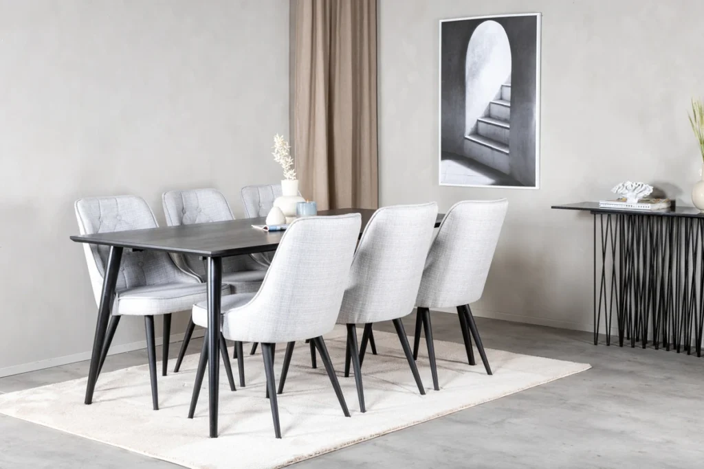 Dipp & Velvet Deluxe Rektangulära Matbord 180 x 90 Black + Matstolar Grå