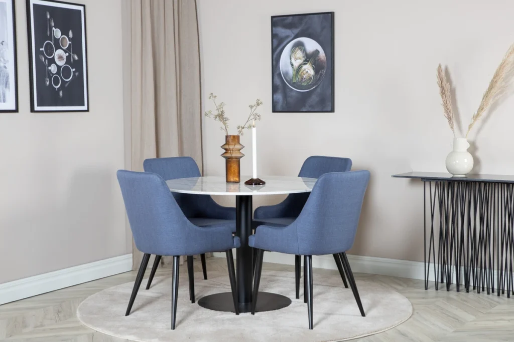 Plaza & Estelle Matstolar Blå + Matbord ⌀106