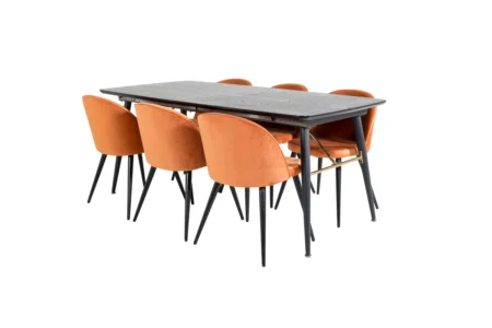 Gold & Velvet Matbord 85x180 + Matstolar Rostig orange