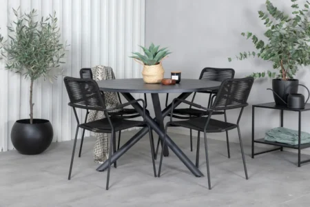 Alma & Lindos Matbord ⌀120 + Matstolar Svart