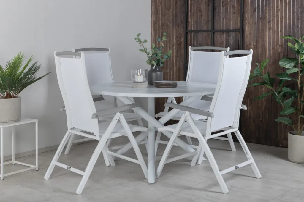 Alma & Albany Matbord ⌀120 + Positionsstolar Vit