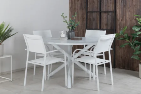 Alma & Santorini Matbord ⌀120 + Matstolar Vit