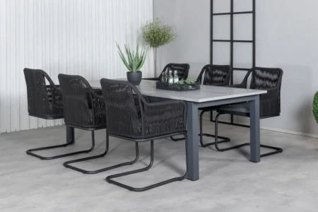 Albany & Lindos Matbord 224x100 + Matstolar Svart