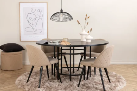 Copenhagen & Velvet Runda Matbord ⌀140 Black + Matstolar Beige