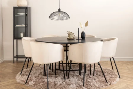 Copenhagen & Berit Runda Matbord ⌀140 Black + Matstolar Beige