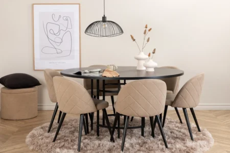 Copenhagen & Velvet Runda Matbord ⌀140 Black + Matstolar Beige