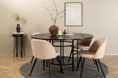 Copenhagen & Velvet Runda Matbord ⌀140 Black + Matstolar Beige
