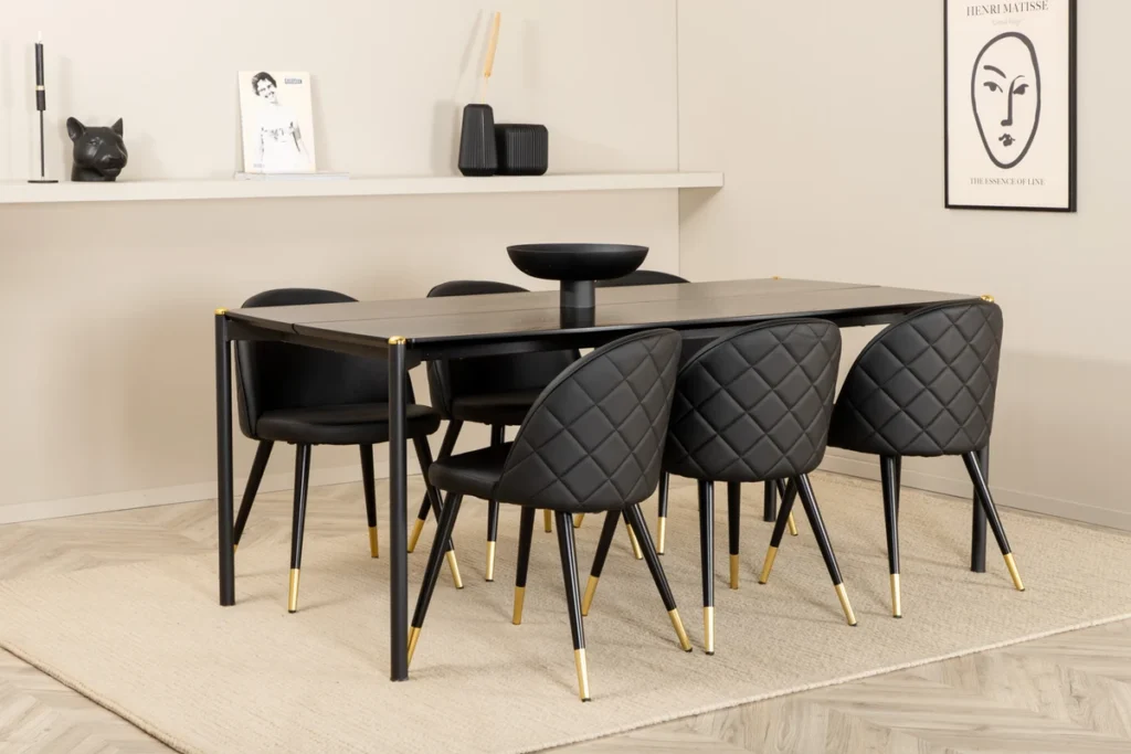 Pelle & Velvet Rektangulära Matbord 190 x 90 Svart + Matstolar Svart