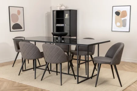 Leif & Velvet Rektangulära Matbord 200 x 90 Black + Matstolar Grå