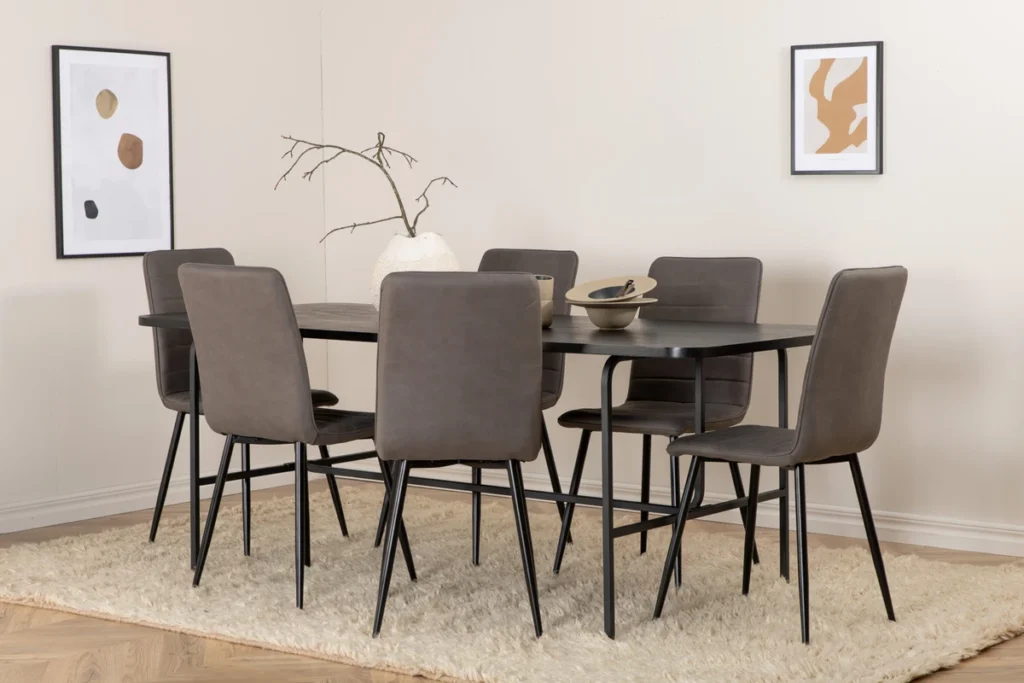 Uno & Windu Rektangulära Matbord 200 x 90 Svart + Matstolar Grå