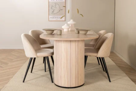 Bianca & Velvet Ovala Matbord 200 x 90 Whitewash + Matstolar Beige