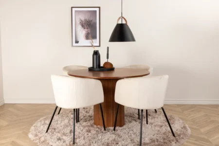 Berit & Bianca Matstolar Beige + Runda Matbord ⌀110 Walnut