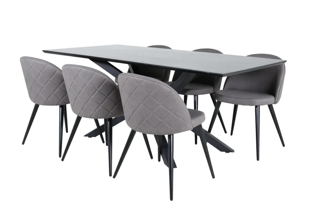 Velvet & Piazza Matstolar Grå + Rektangulära Matbord 180 x 90 Black