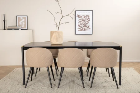 Pelle & Velvet Rektangulära Matbord 190 x 90 Svart + Matstolar Beige
