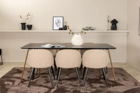 Petra & Velvet Rektangulära Matbord 190 x 90 Black + Matstolar Beige