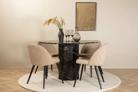 Marbs & Velvet Runda Matbord ⌀110 Black + Matstolar Beige