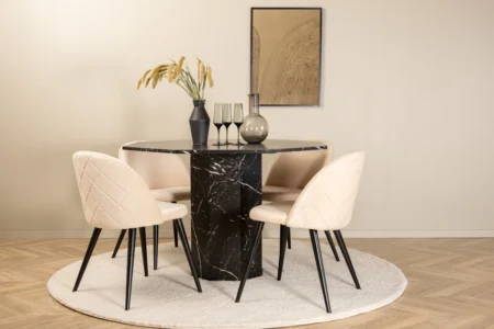 Marbs & Velvet Runda Matbord ⌀110 Black + Matstolar Beige