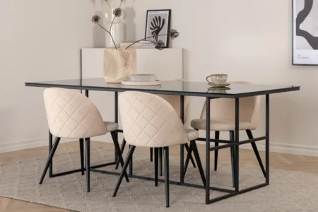 Leif & Velvet Rektangulära Matbord 200 x 90 Black + Matstolar Beige