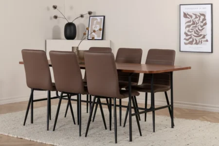 Uno & Windu Rektangulära Matbord 75 x 200 x 90 Natur + Matstolar Brun