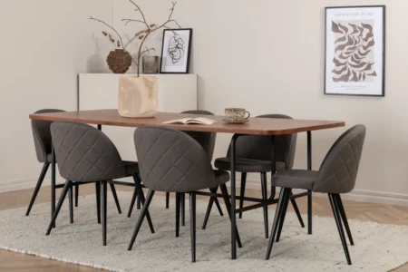 Uno & Velvet Rektangulära Matbord 200 x 90 Nature + Matstolar Grå