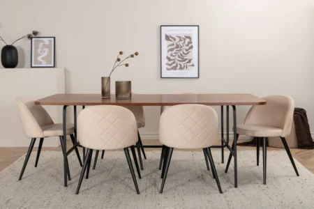 Uno & Velvet Rektangulära Matbord 200 x 90 Nature + Matstolar Beige