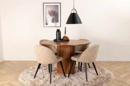Bianca & Velvet Runda Matbord ⌀110 Walnut + Matstolar Beige