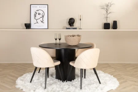Bianca & Velvet Runda Matbord ⌀110 Black + Matstolar Beige