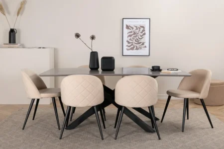 Velvet & Piazza Matstolar Beige + Rektangulära Matbord 180 x 90 Black