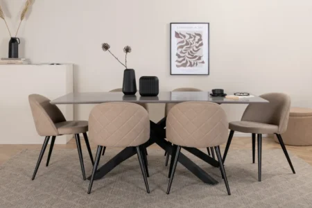 Velvet & Piazza Matstolar Beige + Rektangulära Matbord 180 x 90 Black