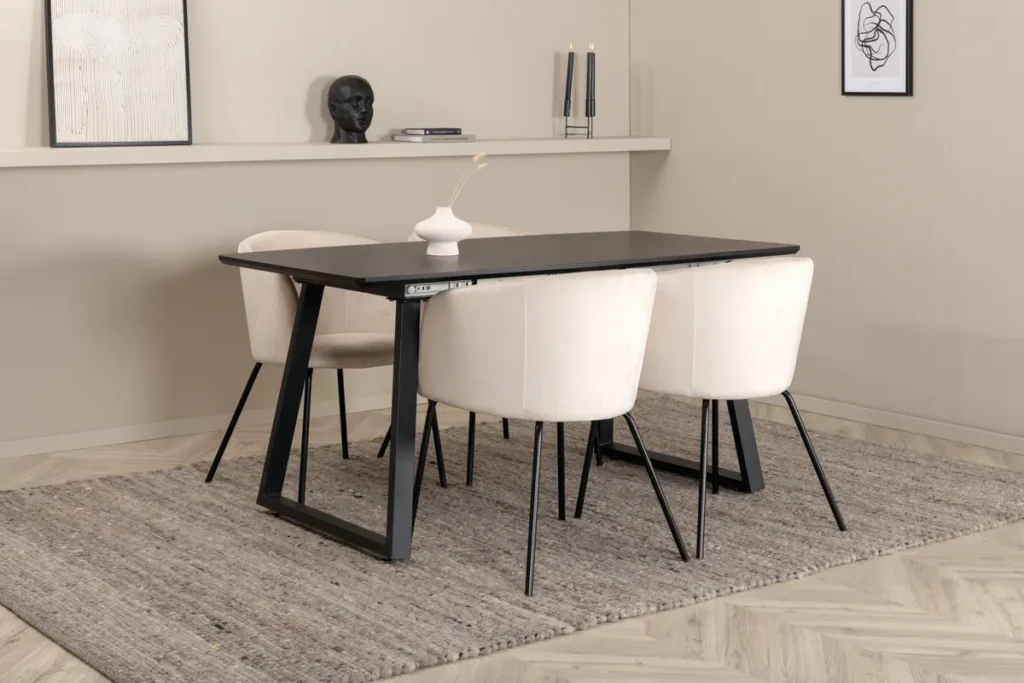 Inca Extentiontable - Black top / black Legs +Berit Chair - Black / Beige Velvet _4
