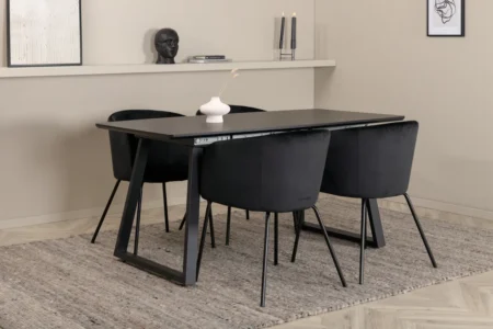 Inca Extentiontable - Black top / black Legs +Berit Chair - Black / Black Velvet _4