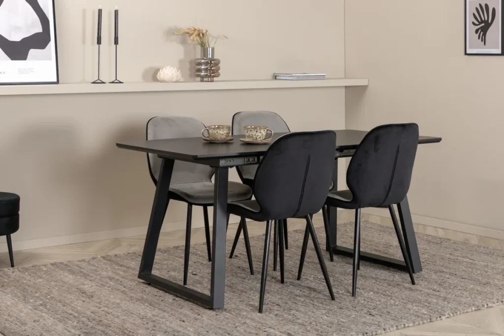 Inca Extentiontable - Black top / black Legs +Emma Chair - Black / Black and Light Grey Black Velvet in Back Grey Velvet in front _4