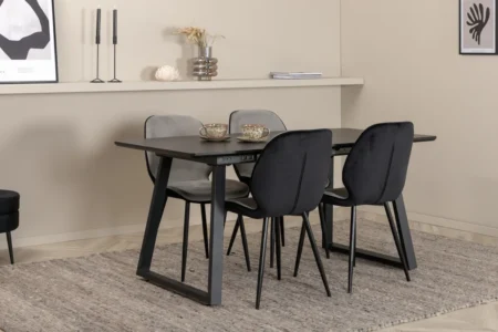 Inca Extentiontable - Black top / black Legs +Emma Chair - Black / Black and Light Grey Black Velvet in Back Grey Velvet in front _4