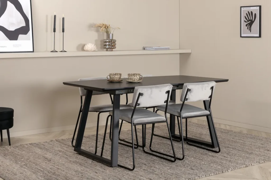 Inca Extentiontable - Black top / black Legs +Kenth Chair - Black / Light Grey Velvet _4