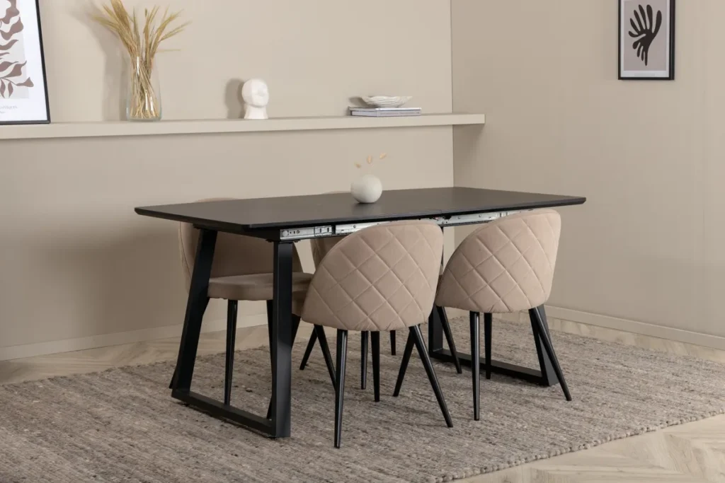 Inca Extentiontable - Black top / black Legs +Velvet Stitches Chair - Black / Beige Fabric (Polyester linen ) _4