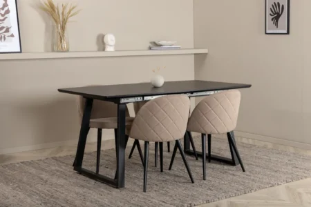 Inca Extentiontable - Black top / black Legs +Velvet Stitches Chair - Black / Beige Fabric (Polyester linen ) _4