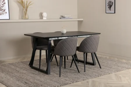 Inca Extentiontable - Black top / black Legs +Velvet Stitches Chair - Black / Grey Micro Fibre _4