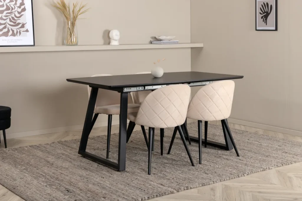 Inca Extentiontable - Black top / black Legs +Velvet Stitches Chair - Black / Beige Velvet _4