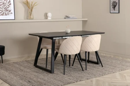 Inca Extentiontable - Black top / black Legs +Velvet Stitches Chair - Black / Beige Velvet _4
