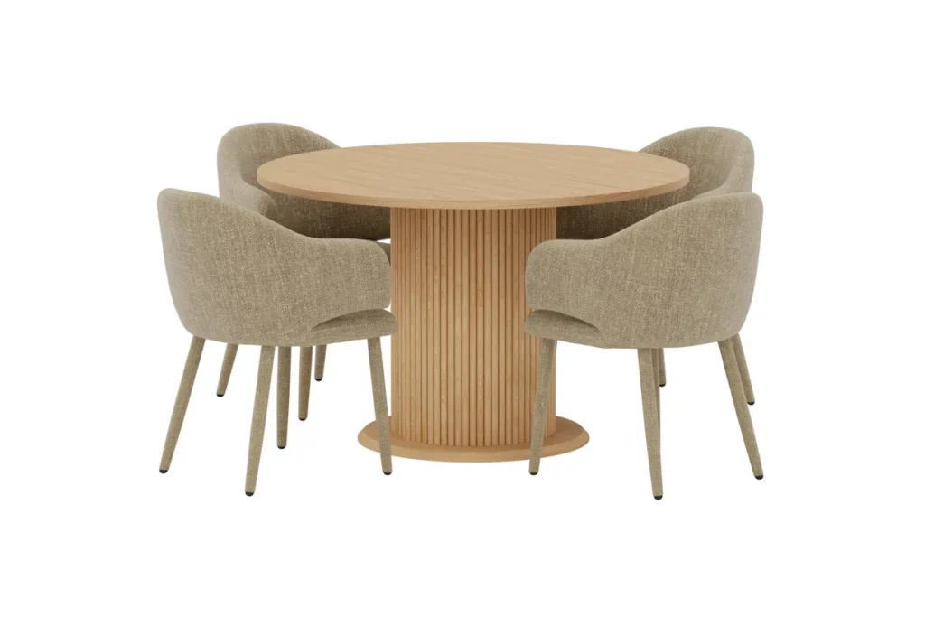 Evelin & Reko Matstolar Beige + Runda Matbord Ø120 Nature