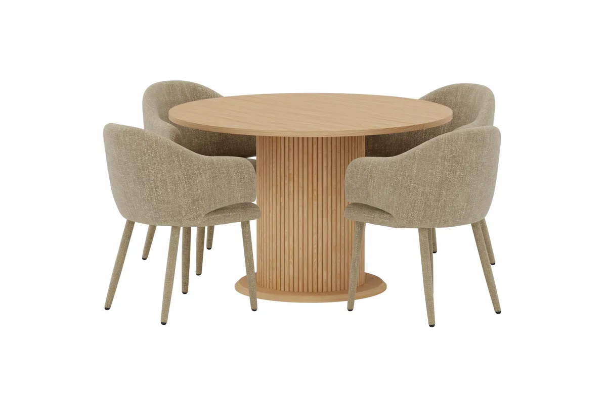 Evelin & Reko Matstolar Beige + Runda Matbord Ø120 Nature
