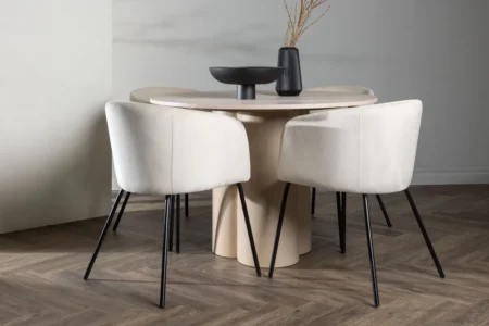 Berit & Olivia Matstolar Beige + Runda Matbord ⌀110 Whitewash