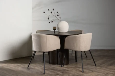 Berit & Olivia Matstolar Beige + Runda Matbord ⌀110 Mocca