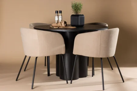 Berit & Olivia Matstolar Beige + Runda Matbord ⌀110 Black