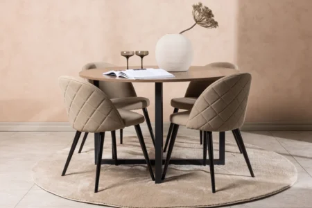Velvet & Durango Matstolar Beige + Runda Matbord ⌀120 Walnut
