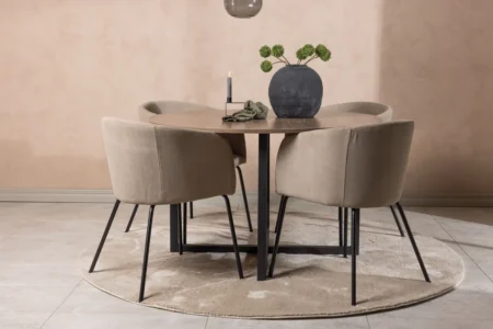 Berit & Durango Matstolar Beige + Runda Matbord ⌀120 Walnut