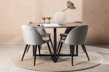 Velvet & Durango Matstolar Grå + Runda Matbord ⌀120 Walnut